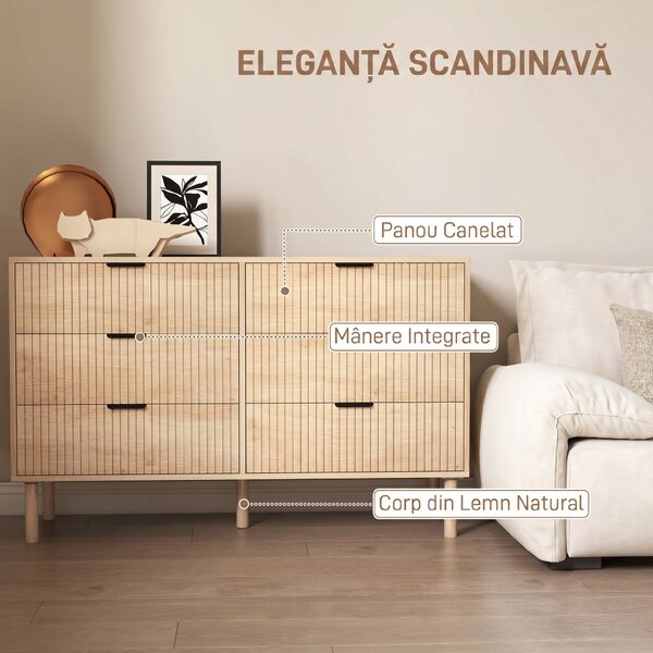 HOMCOM Comodă cu 6 Sertare din Lemn pentru Dormitor și Hol, Stil Nordic, 120 x 39,5 x 75 cm, Stejar | Aosom Romania