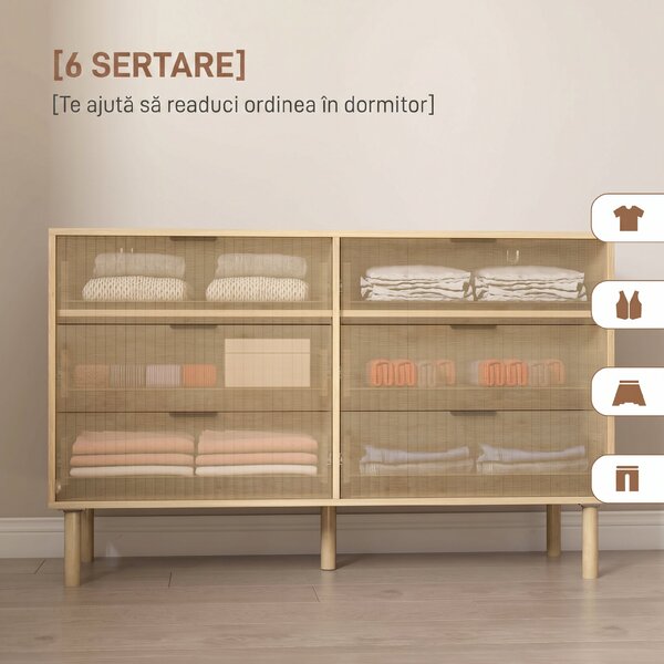 HOMCOM Comodă cu 6 Sertare din Lemn pentru Dormitor și Hol, Stil Nordic, 120 x 39,5 x 75 cm, Stejar | Aosom Romania