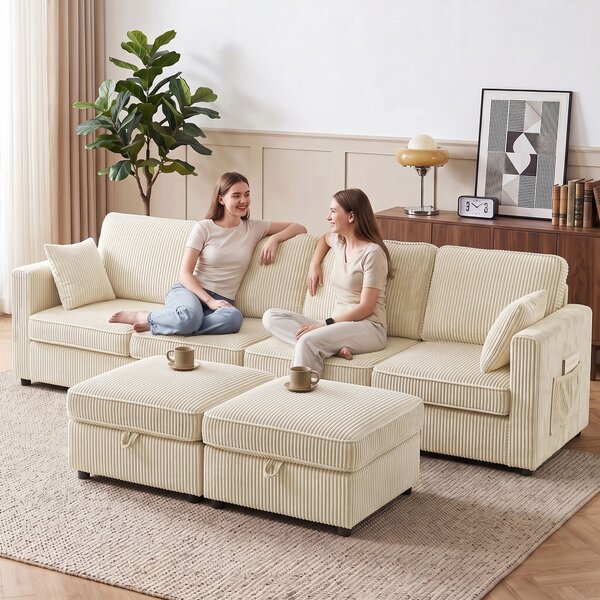 HOMCOM Canapea Modulară în U cu 4 Locuri, 2 Pufuri cu Depozitare, Catifea Reiată, 306x153x85 cm, Crem | Aosom Romania