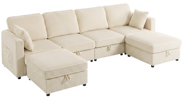 HOMCOM Canapea Modulară în U cu 4 Locuri, 2 Pufuri cu Depozitare, Catifea Reiată, 306x153x85 cm, Crem | Aosom Romania