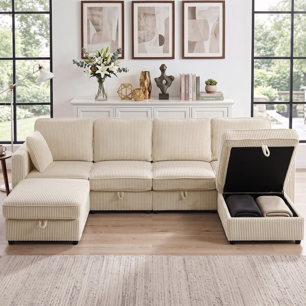 HOMCOM Canapea Modulară în U cu 4 Locuri, 2 Pufuri cu Depozitare, Catifea Reiată, 306x153x85 cm, Crem | Aosom Romania