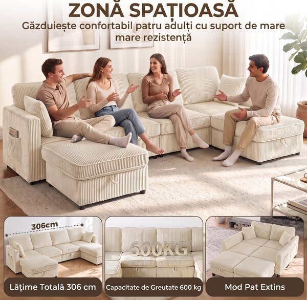 HOMCOM Canapea Modulară în U cu 4 Locuri, 2 Pufuri cu Depozitare, Catifea Reiată, 306x153x85 cm, Crem | Aosom Romania
