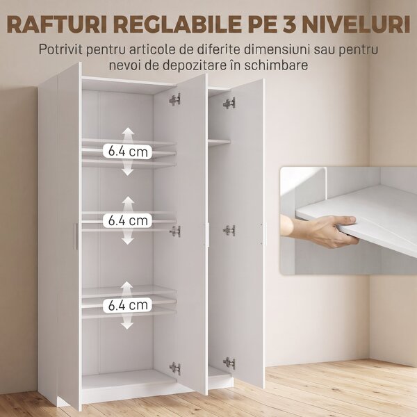 HOMCOM Dulap cu Rafturi Reglabile și Uși cu Închidere Lentă pentru Dormitor, Alb | Aosom Romania