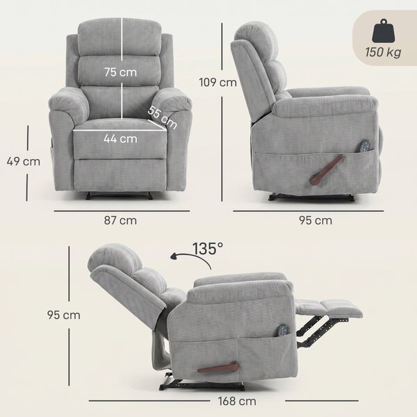 HOMCOM Fotoliu Reclinabil cu Masaj Manual 135°, Încălzire și 8 Puncte de Masaj, Chenille, 87x95x109 cm, Gri Deschis | Aosom Romania
