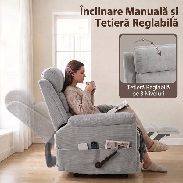 HOMCOM Fotoliu Reclinabil cu Masaj Manual 135°, Încălzire și 8 Puncte de Masaj, Chenille, 87x95x109 cm, Gri Deschis | Aosom Romania