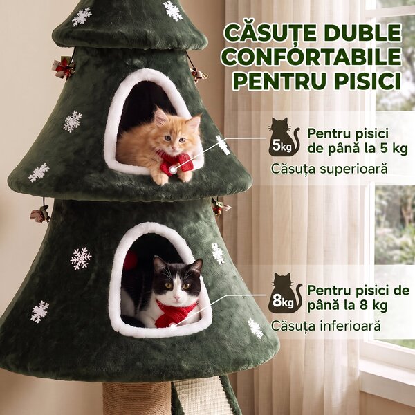 PAWHUT Ansamblu de Zgâriat pentru Pisici, Brad de Crăciun, 2 Culcușuri, Scară din Sisal, Stâlpi din Iută și Mingi, Verde | Aosom Romania