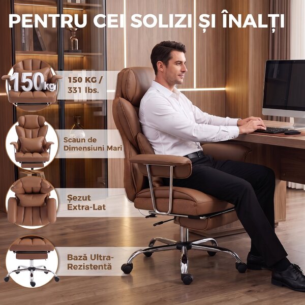 HOMCOM Scaun de Birou cu Masaj, 6 Puncte de Vibrație, Pernă Lombară, Reglabil pe Înălțime, Maro | Aosom Romania