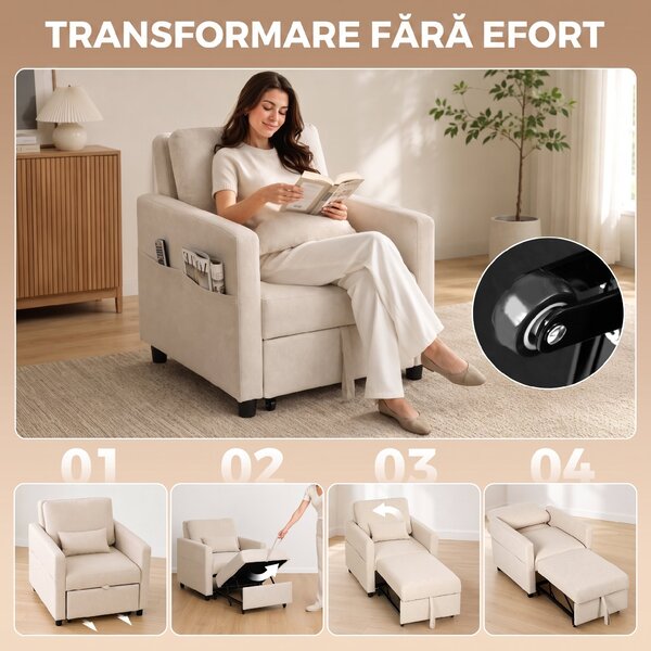 HOMCOM Fotoliu Extensibil 3 în 1 Pliabil cu Spătar Reglabil, Material cu Aspect de In, 78 x 94,5 x 83 cm, Alb Crem | Aosom Romania