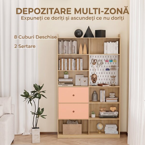 HOMCOM Bibliotecă Dublă cu 6 Niveluri, Sertare și Panou Perforat, Alb | Aosom Romania