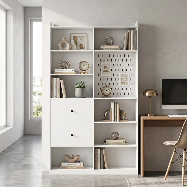 HOMCOM Bibliotecă Dublă cu 6 Niveluri, Sertare și Panou Perforat, Alb | Aosom Romania