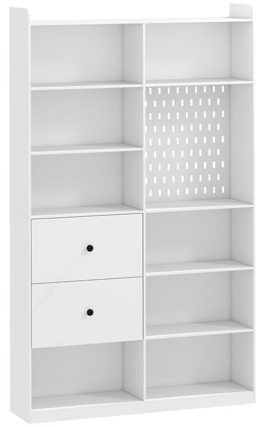 HOMCOM Bibliotecă Dublă cu 6 Niveluri, Sertare și Panou Perforat, Alb | Aosom Romania