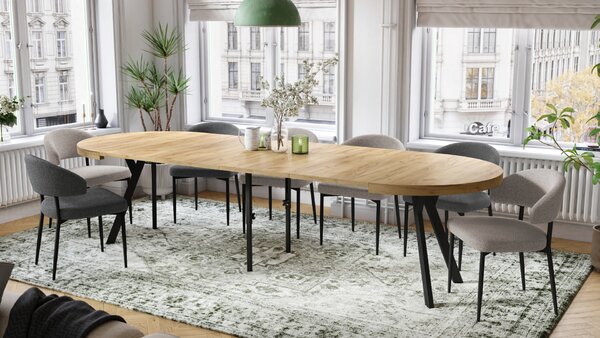 Mazzoni EXPANSO Stejar Craft Auriu/picioare negre - MASĂ MARE ROTUNDĂ Ø110 EXTENSIBILĂ PÂNĂ LA 310 cm CU PICIOARE Y LOFT/INDUSTRIALĂ