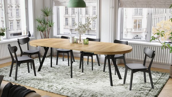 Mazzoni EXPANSO Stejar Craft Auriu/picioare negre - MASĂ MARE ROTUNDĂ Ø110 EXTENSIBILĂ PÂNĂ LA 310 cm CU PICIOARE Y LOFT/INDUSTRIALĂ