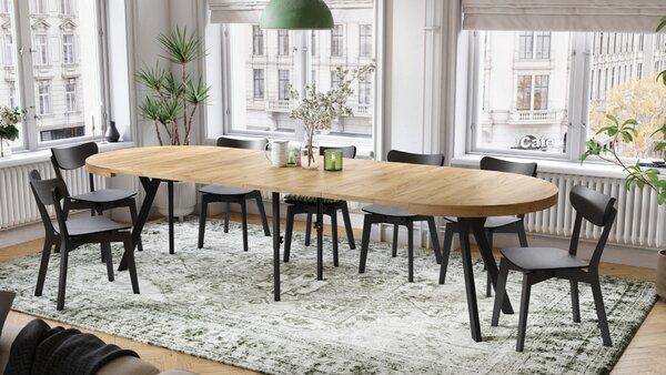 Mazzoni EXPANSO Stejar Craft Auriu/picioare negre - MASĂ MARE ROTUNDĂ Ø110 EXTENSIBILĂ PÂNĂ LA 310 cm CU PICIOARE Y LOFT/INDUSTRIALĂ