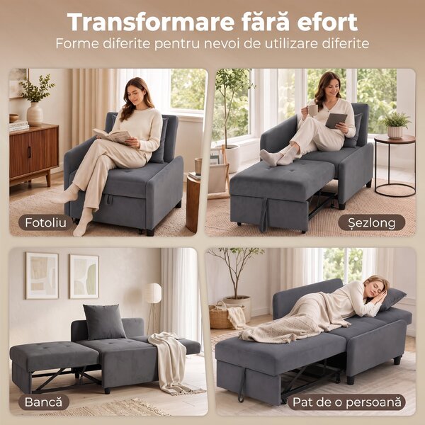 HOMCOM Fotoliu Extensibil 4 în 1 Tapițat, Rabatabil 3 Poziții, Catifea cu Roți, 73x90x83 cm, Gri Închis | Aosom Romania