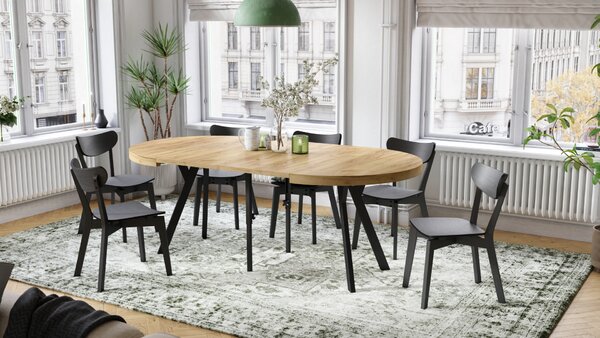 Mazzoni EXPANSO Stejar Craft Auriu/picioare negre - MASĂ MARE ROTUNDĂ Ø110 EXTENSIBILĂ PÂNĂ LA 310 cm CU PICIOARE Y LOFT/INDUSTRIALĂ