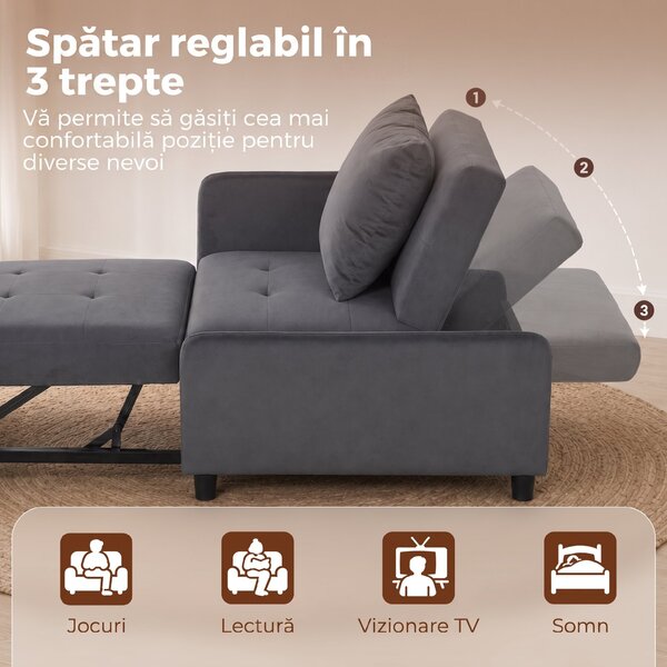 HOMCOM Fotoliu Extensibil 4 în 1 Tapițat, Rabatabil 3 Poziții, Catifea cu Roți, 73x90x83 cm, Gri Închis | Aosom Romania