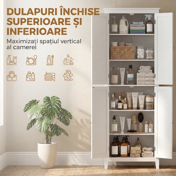 HOMCOM Dulap De Baie Slim Cu 2 Uși, Rafturi Reglabile, MDF, Metal, 60x30x170 cm, Alb | Aosom Romania