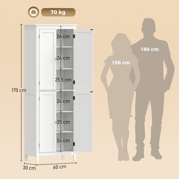 HOMCOM Dulap De Baie Slim Cu 2 Uși, Rafturi Reglabile, MDF, Metal, 60x30x170 cm, Alb | Aosom Romania
