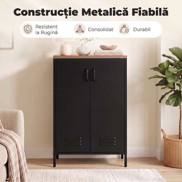 HOMCOM Bufet din Metal cu 2 Uși și Poliță Reglabilă, pentru Living/Birou, Negru | Aosom Romania