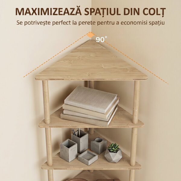 HOMCOM Etajeră de Colț din Bambus cu 5 Rafturi, pentru Casă, Finisaj Natural | Aosom Romania