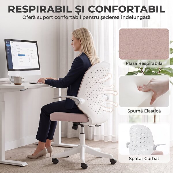 HOMCOM Scaun de Birou Ergonomic cu Brațe Rabatabile și Înălțime Reglabilă, Mesh Respirabil, 60,5x54x99 cm, Roz | Aosom Romania