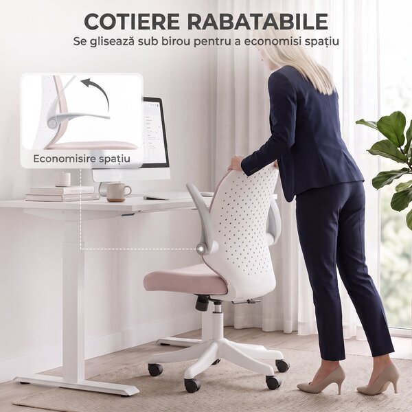 HOMCOM Scaun de Birou Ergonomic cu Brațe Rabatabile și Înălțime Reglabilă, Mesh Respirabil, 60,5x54x99 cm, Roz | Aosom Romania
