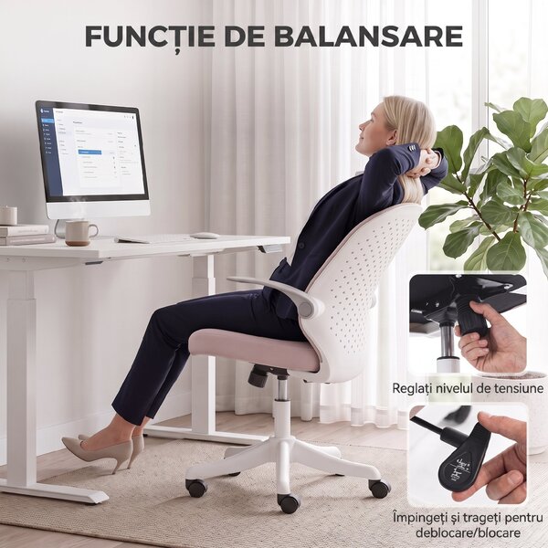 HOMCOM Scaun de Birou Ergonomic cu Brațe Rabatabile și Înălțime Reglabilă, Mesh Respirabil, 60,5x54x99 cm, Roz | Aosom Romania