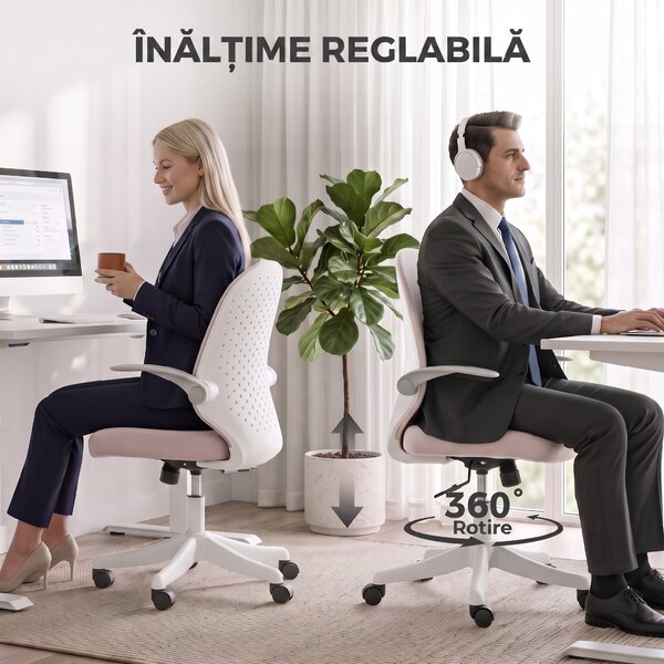 HOMCOM Scaun de Birou Ergonomic cu Brațe Rabatabile și Înălțime Reglabilă, Mesh Respirabil, 60,5x54x99 cm, Roz | Aosom Romania