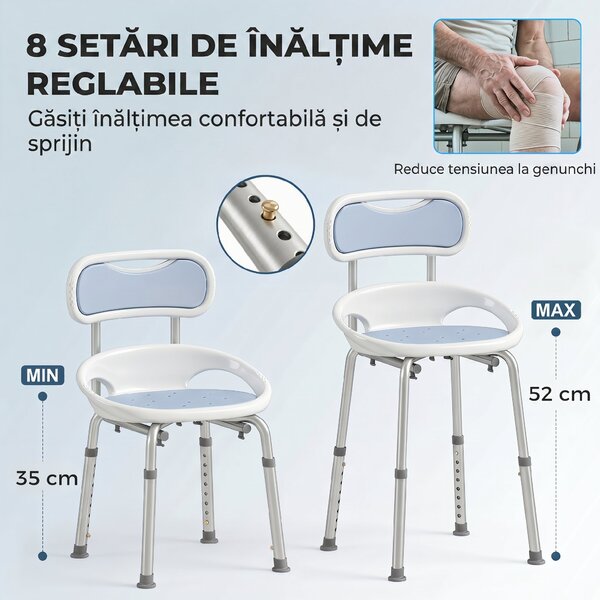 HOMCOM Scaun de Duș cu Spătar și Șezut Perforat, 8 Niveluri Reglabil, Antiderapant, 49,5 x 54 x 92 cm, Albastru | Aosom Romania
