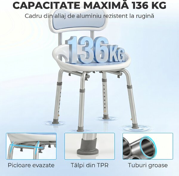 HOMCOM Scaun de Duș cu Spătar și Șezut Perforat, 8 Niveluri Reglabil, Antiderapant, 49,5 x 54 x 92 cm, Albastru | Aosom Romania