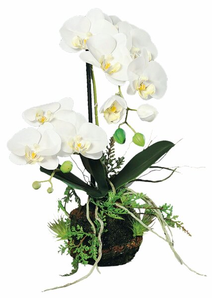 Orhidee artificiala Phalaenopsis alba cu aspect 100% natural in bila de pamant, 45 cm