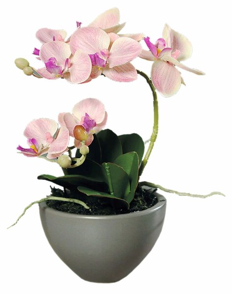 Orhidee artificiala Phalaenopsis roz deschis in vas ceramic, 30 cm