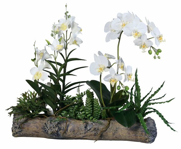 Aranjament orhidee artificiala alba in suport de piatra, 47 cm
