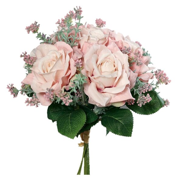 Buchet artificial trandafiri roz prafuit, 25 cm