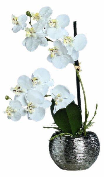 Orhidee artificiala Phalaenopsis alba cu aspect 100% natural in vas ceramic, 30 cm