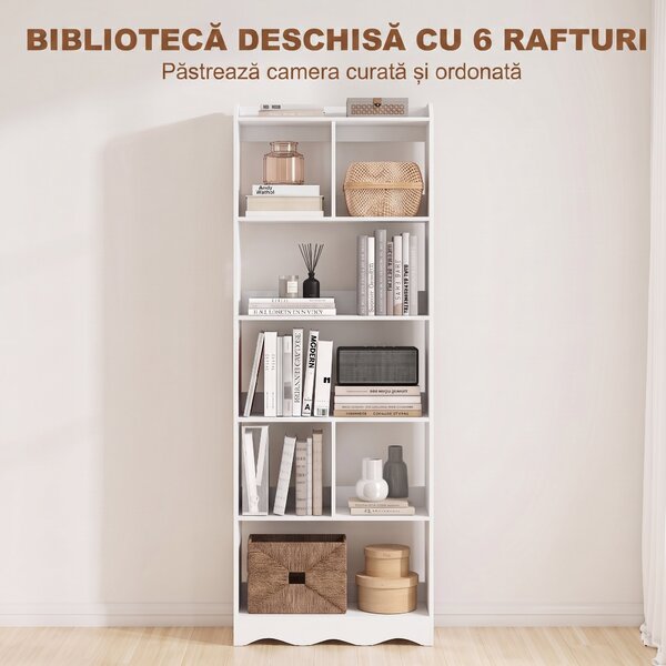 HOMCOM Bibliotecă cu 6 Rafturi și Rafturi Deschise Compartimentate, Alb | Aosom Romania