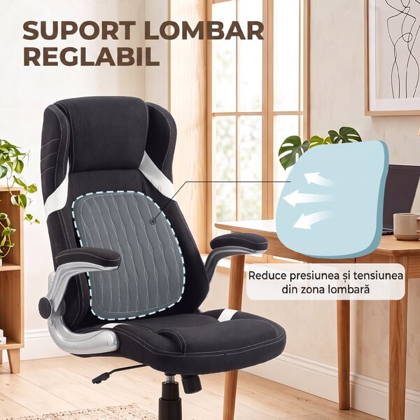 Vinsetto Scaun de Birou Ergonomic din Material Tip In, cu Suport Lombar, Înălțime Reglabilă, Funcție Balans, Negru | Aosom Romania