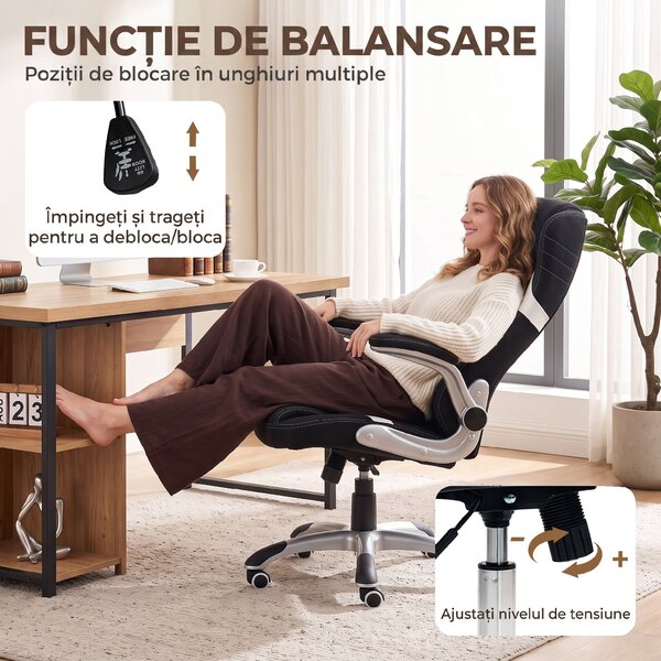 Vinsetto Scaun de Birou Ergonomic din Material Tip In, cu Suport Lombar, Înălțime Reglabilă, Funcție Balans, Negru | Aosom Romania