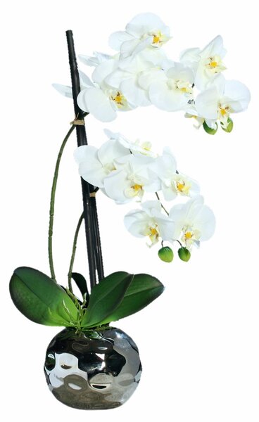 Orhidee artificiala Phalaenopsis alba cu aspect 100% natural in vas ceramic, 50 cm