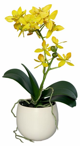 Orhidee artificiala Phalaenopsis galbena cu aspect 100% natural in vas ceramic, 34 cm