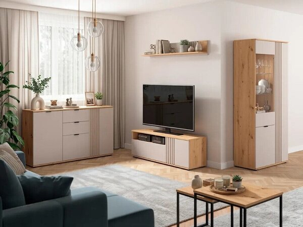 Set de living Venvou 110, Stejar artizan, Cașmir, PAL laminat, Sticlă, MDF