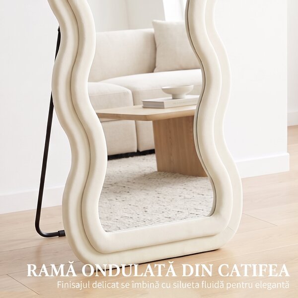 HOMCOM Oglindă de Podea Autoportantă cu Ramă Ondulată din Catifea, 160x60 cm, Sticlă Securizată, Crem | Aosom Romania