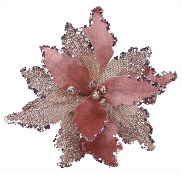 Decoratiune brad Floare roz prafuit cu sclipici 30 cm