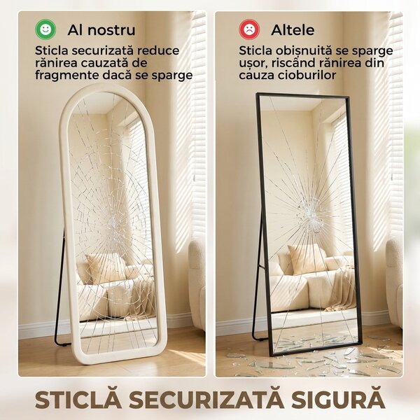 HOMCOM Oglindă de Podea 160x60 cm, cu Arcadă, Ramă din Flanelă, Alb Crem | Aosom Romania