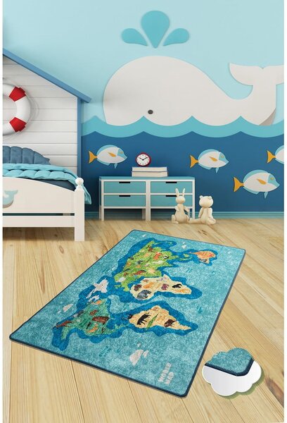 Covor antiderapant pentru copii Conceptum Hypnose Map, 100 x 160 cm, albastru