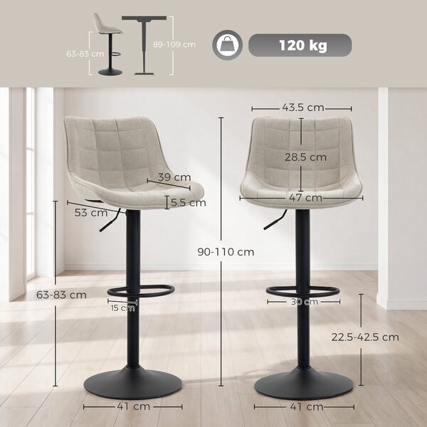 HOMCOM Set de 2 Scaune de Bar rotative și Reglabile, Alb Crem | Aosom Romania