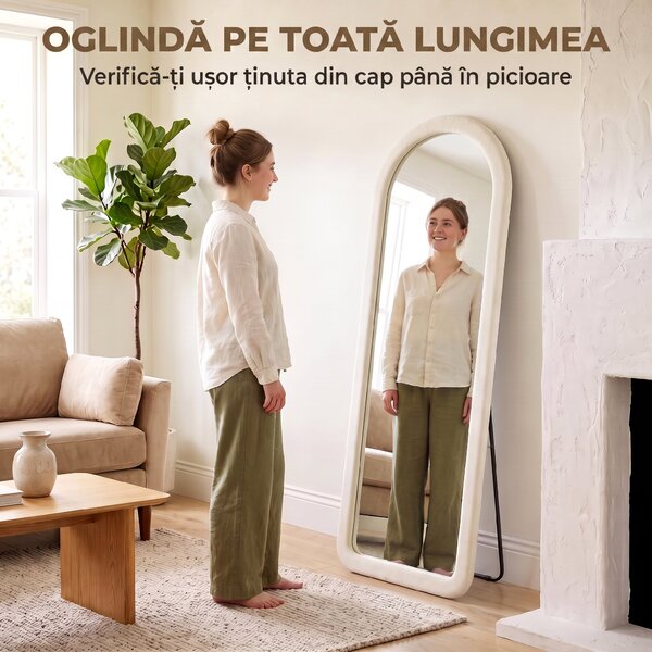HOMCOM Oglindă de Podea 160x60 cm, cu Arcadă, Ramă din Flanelă, Alb Crem | Aosom Romania