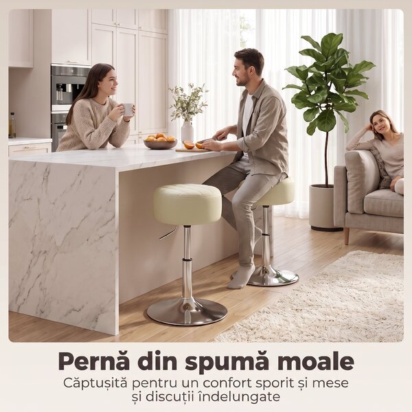 HOMCOM Scaun de Bar din Piele Ecologică PU, Reglabil pe Înălțime, Șezut Moale Gros, Rotire 360°, Pentru Insulă, Alb | Aosom Romania