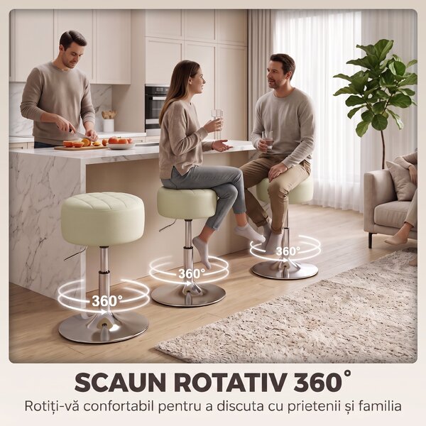 HOMCOM Scaun de Bar din Piele Ecologică PU, Reglabil pe Înălțime, Șezut Moale Gros, Rotire 360°, Pentru Insulă, Alb | Aosom Romania